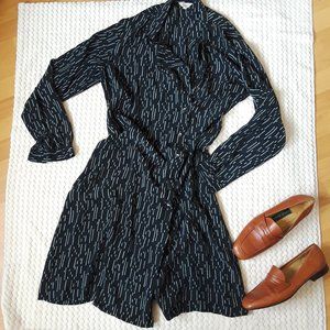 Vintage Black Button Down Long Sleeve Midi Dress